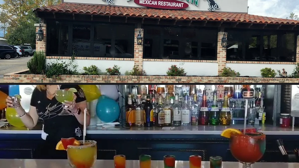 Colorful Mexican plates on a casual restaurant table.