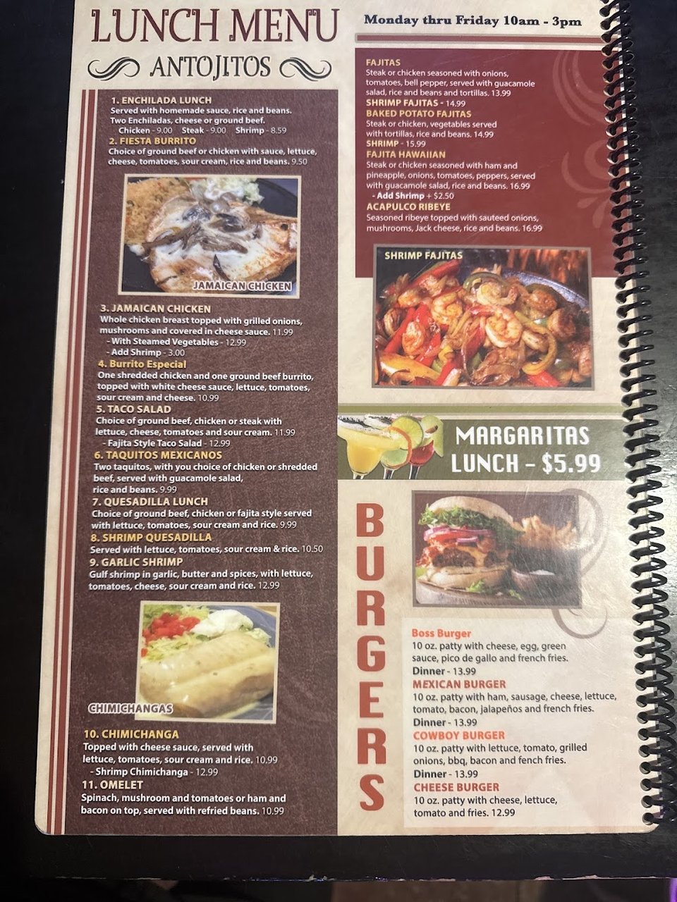 Printed menu for Mexican dishes and small plates.