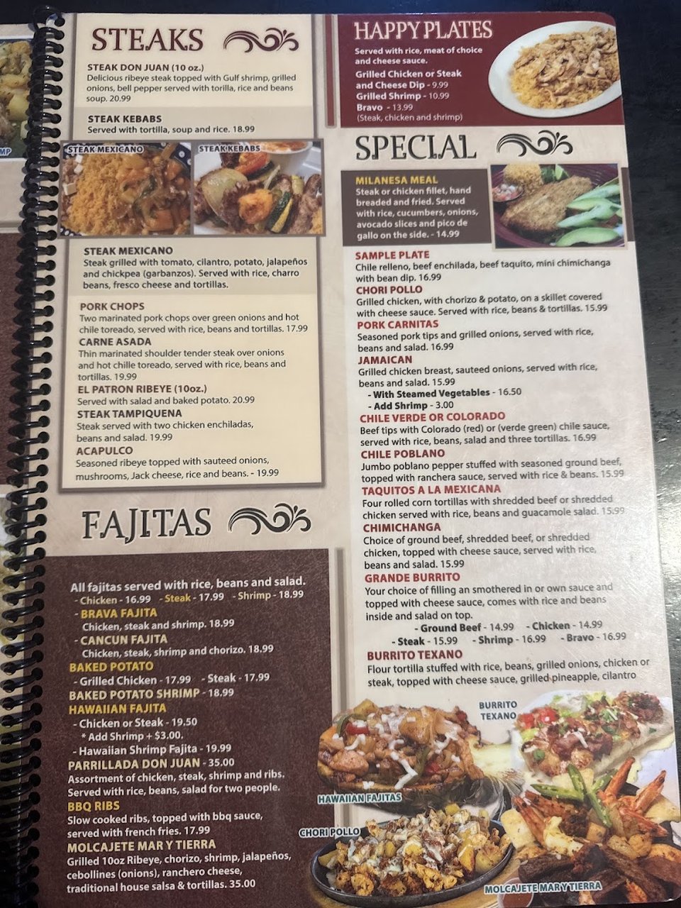 Menu page showing platillos and drink options.
